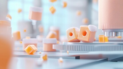 processing industry factory workflow concept, A vibrant scene showcasing floating, colorful cubes and cylindrical shapes, suggesting a playful and creative atmosphere in a modern setting.