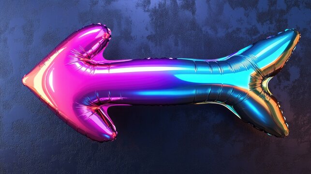 Vibrant metallic arrow-shaped balloon with a shiny gradient of purple and blue hues against a dark background. - Powered by Adobe