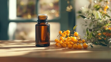 Glass bottle of sea buckthorn essential oil beside bright yellow berries on a wooden surface illuminated by soft natural light