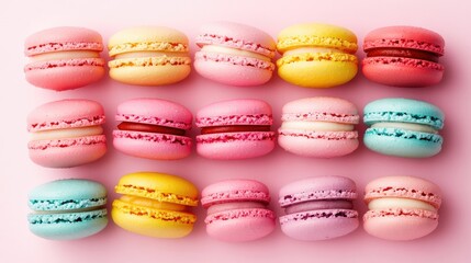 Obraz premium Colorful macarons arranged in rows on a soft pink pastel backdrop, featuring vibrant shades of yellow, pink, and blue, captured from a top-down view.