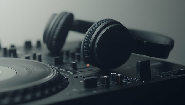 Dark moody image of DJ headphones resting on a turntable and mixer, suggesting music production or a DJ set.