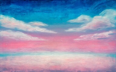 Pastel sky seascape. Serene pink and blue sunset, cloudscape reflecting tranquility; evokes peace, hope, and dreams.