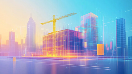 Obraz premium Vibrant construction site in an urban landscape during sunrise showcasing progress