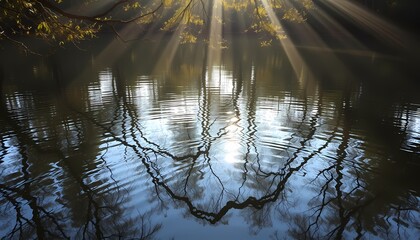 Sunlight beams through trees over calm water serene lake nature photography tranquil environment peaceful scene reflection