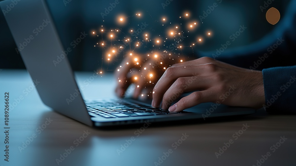 Aufkleber hands typing on laptop with sparkling lights effect, creating a sense of magic and innovation in a d