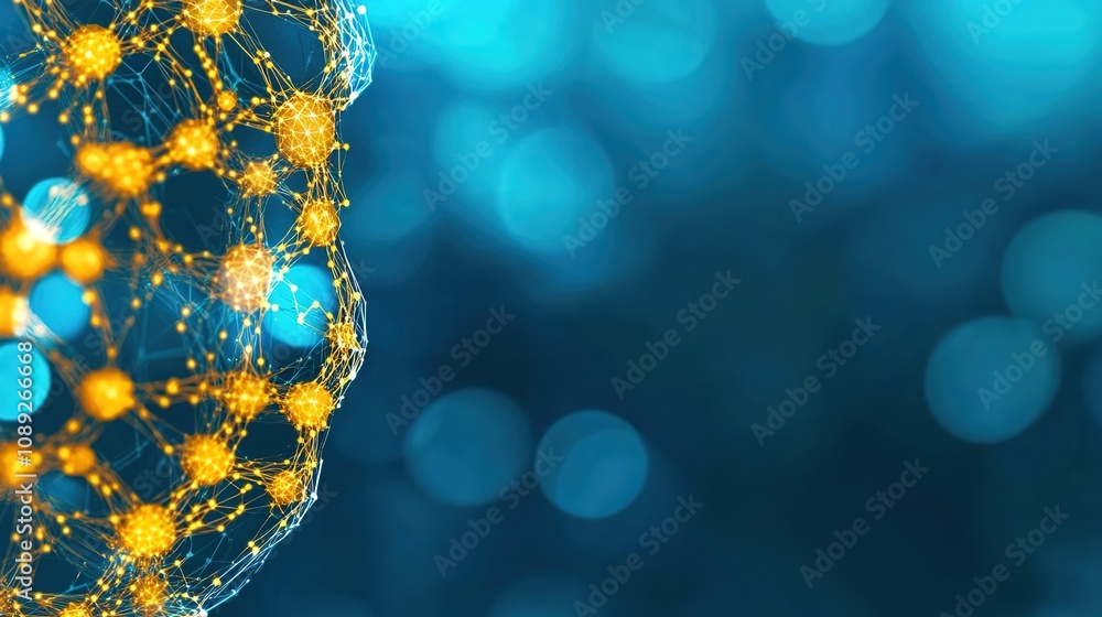 Poster abstract representation of a molecular structure with bright yellow nodes on a blue background creat