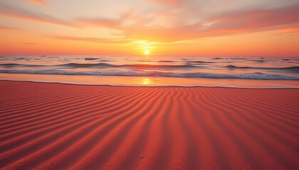 Sunset serenity over ocean waves beach shore nature photography tranquil environment wide angle peaceful reflection