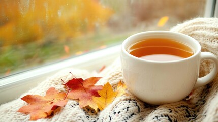 A cozy cup of fragrant tea on a windowsill, surrounded by a warm blanket and vibrant autumn leaves, creating a serene fall atmosphere.