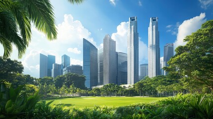 Obraz premium City skyline with modern skyscrapers adjacent to a vibrant green park, illuminated by clear blue skies, highlighting the unity of urban and natural environments.