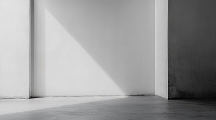 Obraz premium Minimalistic industrial office corner featuring a blank white wall and subtle shadow play on the floor, creating a clean and spacious atmosphere.