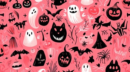 These pink halloween patterns feature ghosts, cats, bats, spiders, witch hats, jack-o'-lanterns, and more.