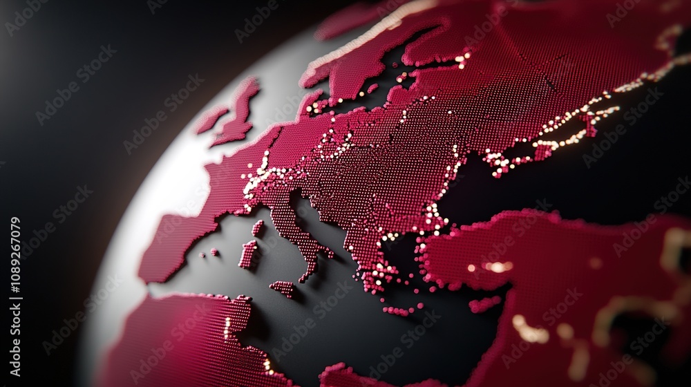Poster close-up view of a stylized 3d representation of europe with dotted patterns highlighting geographic