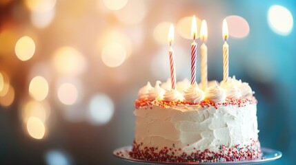 Birthday cake with four lit candles and colorful sprinkles, set against a softly blurred background, ideal for adding personalized text and celebrating special occasions.