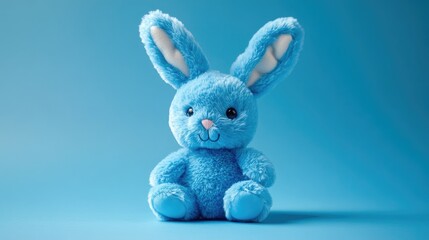 Obraz premium Cute Blue Plush Bunny Sitting with Soft Features and Long Ears Against a Light Blue Background