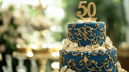 Luxurious three-tier cake in rich blue and gold with intricate designs and a sparkling 50 topper, ideal for a milestone birthday celebration.