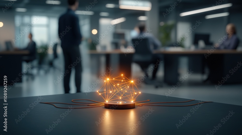 Poster futuristic office workspace with innovative technology and illuminated network model showcasing conn