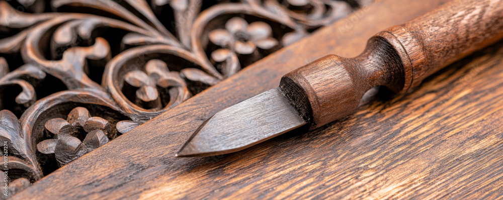 Poster skill and chisel concept. macro shot of polished chisel on wooden surface with intricate carvings