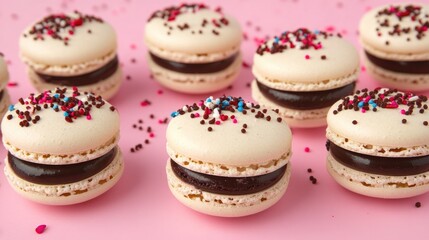 Fototapeta premium Delicious macarons with chocolate filling and colorful sprinkles arranged on a soft pink backdrop, creating an inviting flat lay display.