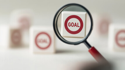 A close-up of a magnifying glass focusing on a block that reads "GOAL," symbolizing clarity and focus in achieving objectives.
