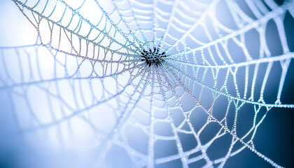 Obraz premium Intricate spiderweb glistening with morning dew, detailed macro photography showcasing nature's artistry.