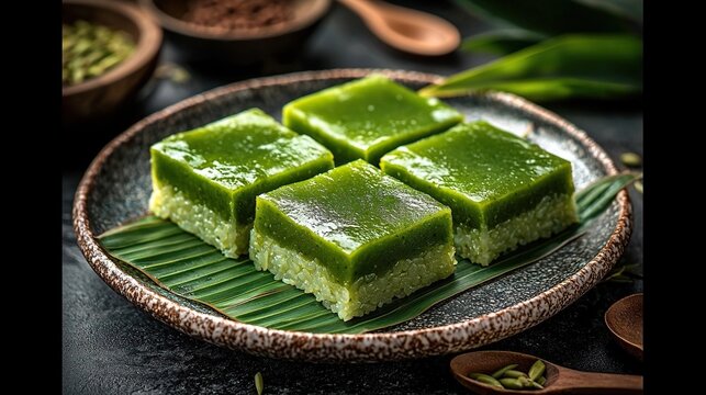 singapore seri muka with pandan custard and glutinous rice