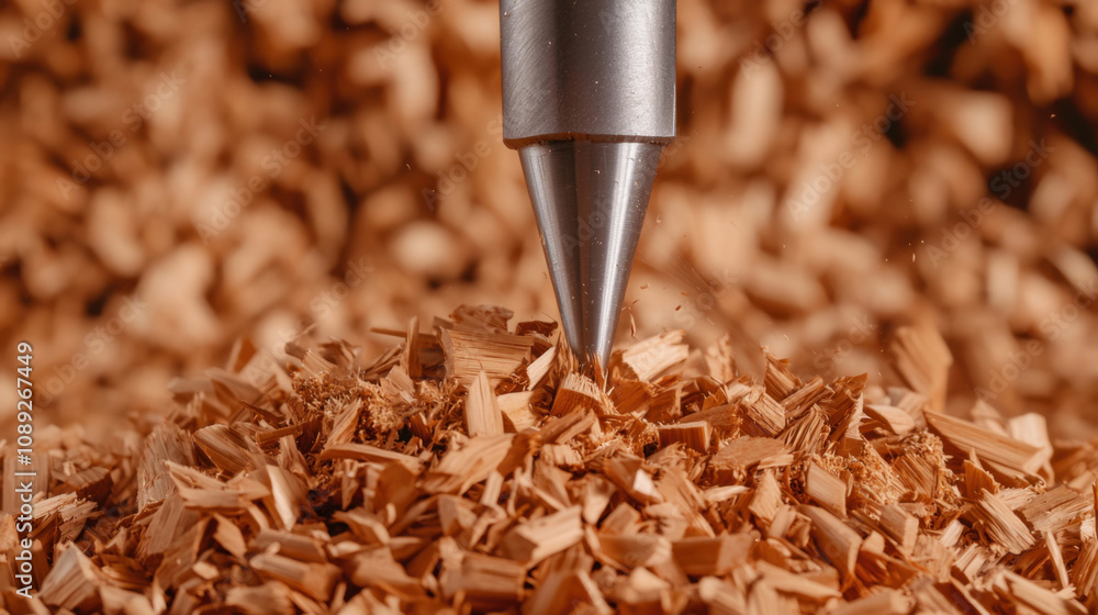 Poster skill and chisel concept. steel chisel carving into wood shavings, showcasing craftsmanship