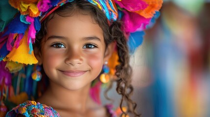 Portrait of a young girl in a vibrant costume with colorful floral details, beaming with joy and displaying curly hair adorned with matching accessories.
