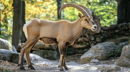 Alpine ibex standing gracefully amongst rocky terrain in a lush forest with sunlight filtering through the trees.