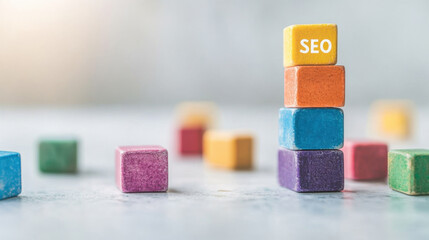 Colorful blocks stacked with one labeled "SEO," symbolizing digital marketing and search engine optimization concepts.