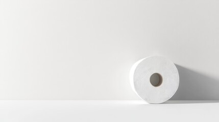 Fresh roll of white toilet paper against a minimalist clean white background emphasizing its softness and simplicity