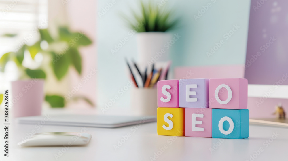 Poster a colorful workspace featuring blocks spelling 