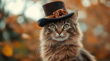 Fluffy gentleman cat in a Victorian silk hat, embodying Halloween spirit amidst an autumn backdrop of warm, colorful leaves.