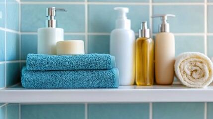 Modern bathroom shelf featuring neatly arranged personal care products, vibrant turquoise towels, and stylish dispensers against light blue tiled backdrop.