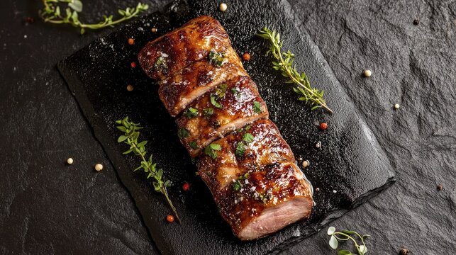 Juicy pork loin elegantly sliced and garnished with fresh herbs on a textured dark stone surface, showcasing a rich glaze and vibrant seasonings.
