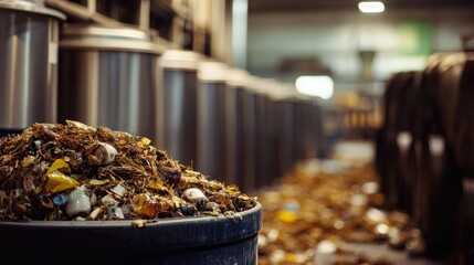 Brewery Waste Management with Focus on Rubbish Pile and Blurred Environmental Background for Text Placement