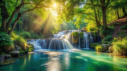 Fototapeta premium A Tranquil Waterfall Cascades Through Lush Green Foliage Bathed in the Warm Glow of Golden Sunlight