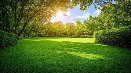 Obraz premium Lush green lawn surrounded by vibrant trees and shrubs, basking in the warm summer sunlight under a clear blue sky.