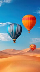 Fototapeta premium Hot air balloons floating over a picturesque desert landscape during golden hour