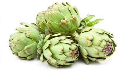 Fototapeta premium Fresh artichokes arranged on a white background showcasing their vibrant green color and unique, layered structure.