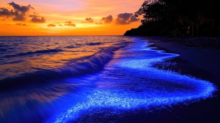 Vibrant blue bioluminescent waves lapping at a tranquil beach under a colorful sunset sky with soft clouds and silhouetted trees.