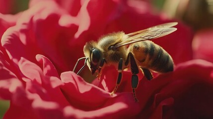 Close-up view of a bee collecting nectar from a vibrant rose flower showcasing intricate details and macro perspective of nature.