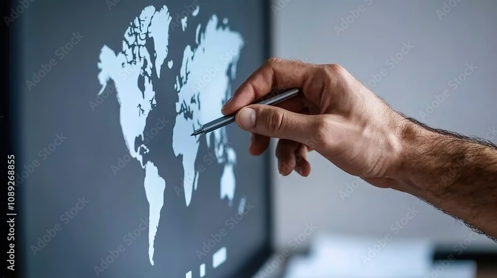 Poster hand pointing at a digital world map on a computer screen, highlighting geography, technology, and g