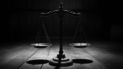 Symbolic representation of justice with a black and white scale resting on a wooden surface, evoking a sense of balance and legal guidance.