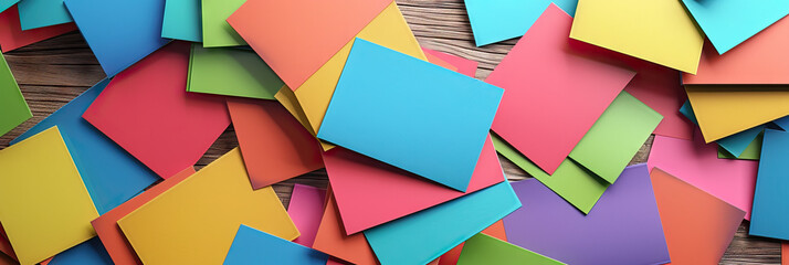 Business Card: Hundreds of colorful business cards scattered on a wooden table.