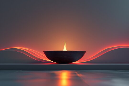 Indian Diya lamp candle burning on floor at calm background, creating serene and peaceful atmosphere, symbolizing inner tranquility and spiritual reflection
