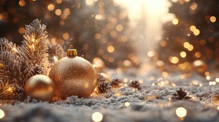 A festive scene with a vacant postcard surrounded by glimmering golden ornaments, twinkling lights, and snowy pine branches creating a magical atmosphere.