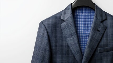 Elegant plaid suit jacket on a hanger showcasing a blue checkered lining against a simple white background. Fashion-forward design with classic tailoring.