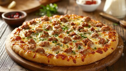 Savory pizza featuring golden crust, generous sausage topping, gooey melted cheese, and a sprinkle of fresh herbs on a wooden serving board.