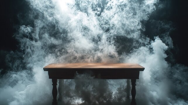 Wooden table shrouded in thick smoke against a dark backdrop, illuminated by dramatic volumetric lighting creating an atmospheric effect.