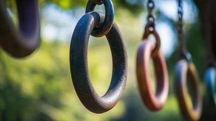 Individual skillfully maneuvering through vibrant hanging rings in a dynamic outdoor obstacle course.